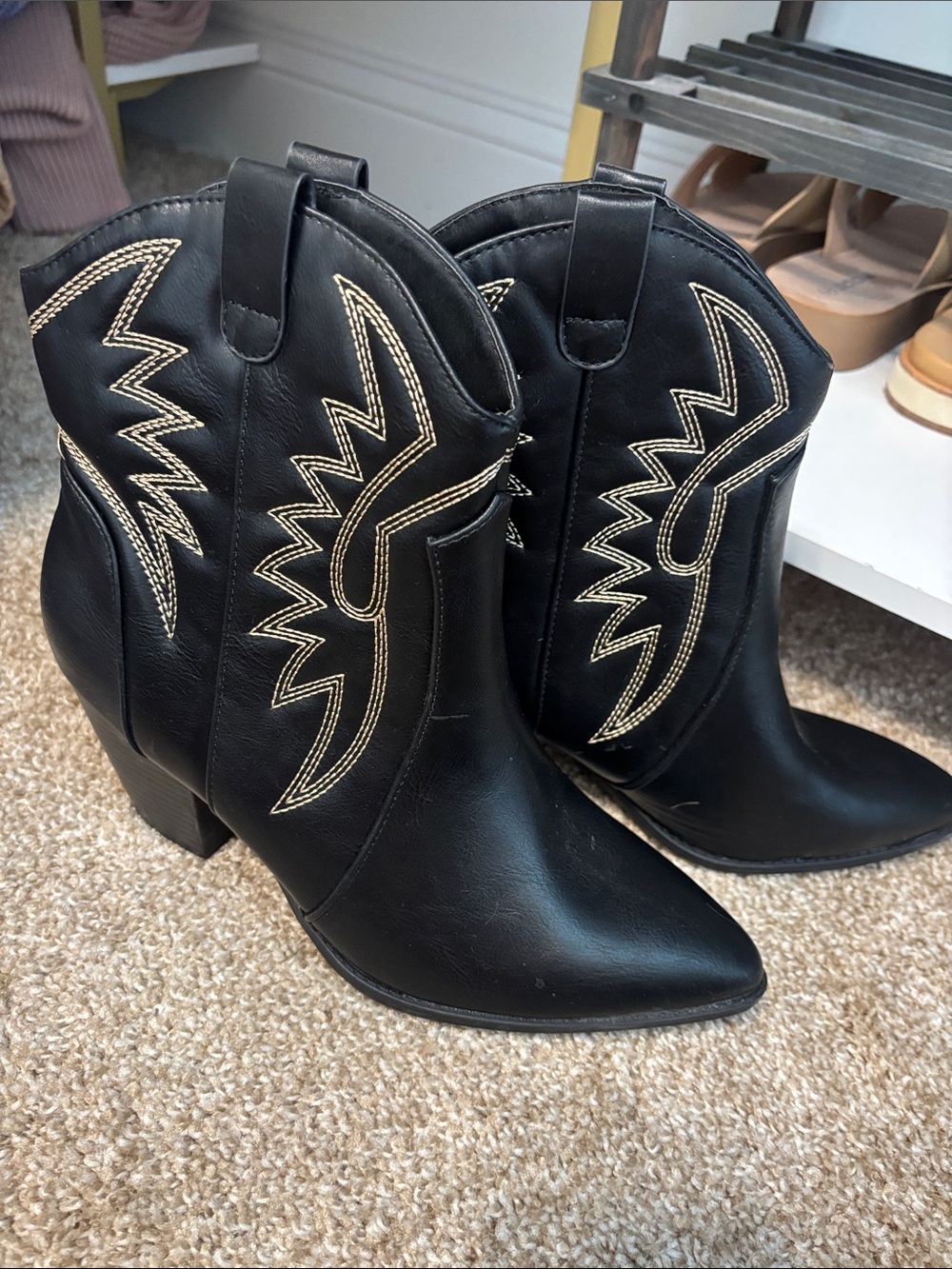 Qupid Black Western Ankle Boots with Cream Stitching
